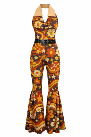 Tuta lunga con motivo geometrico scollo all'americana arancione anni '70