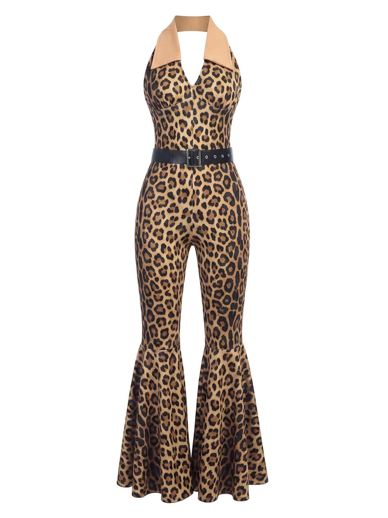 [Prevendita] Tuta lunga con motivo leopardato scollo all'americana marrone anni '70