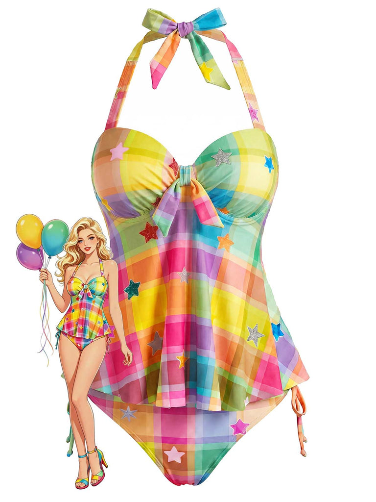 [Prevendita] Set Tankini a Quadri con Stelle Halter Arcobaleno Anni '70