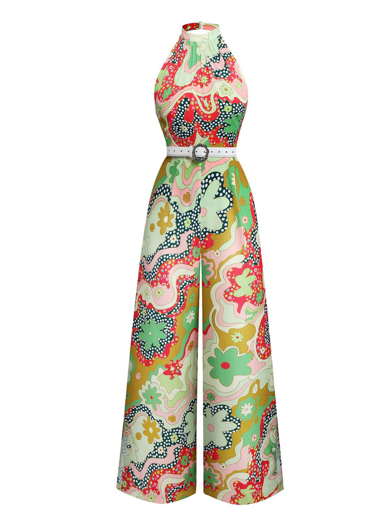Green 1970s Psychedelic Floral Halter Slit Jumpsuit - vintage jumpsuit, retro fashion