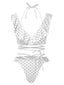 Set bikini anni '70 a pois con allacciatura e volant