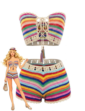 Righe Crochet Bandeau Set Bikini Arcobaleno Anni '70