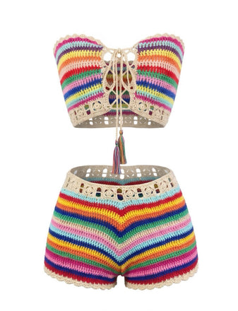 1970s Rainbow Striped Crochet Bandeau Bikini Set - vintage fashion, retro style