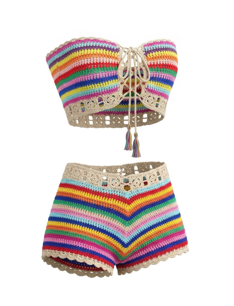 1970s Rainbow Striped Crochet Bandeau Bikini Set - vintage fashion, retro style