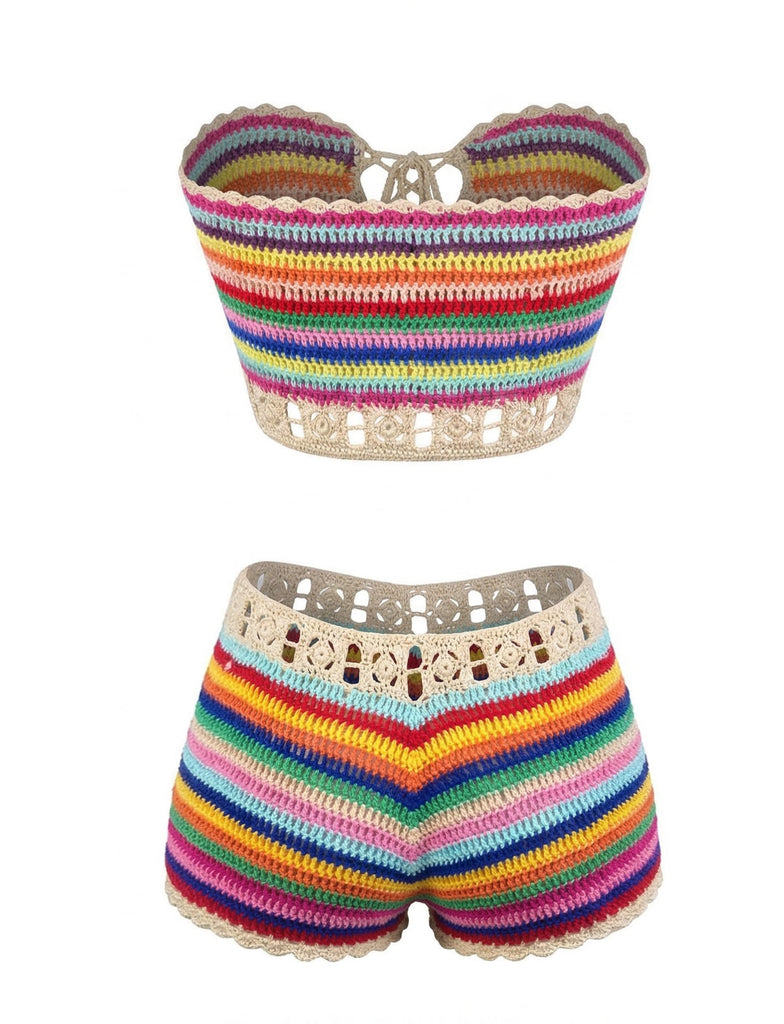 1970s Rainbow Striped Crochet Bandeau Bikini Set - vintage fashion, retro style