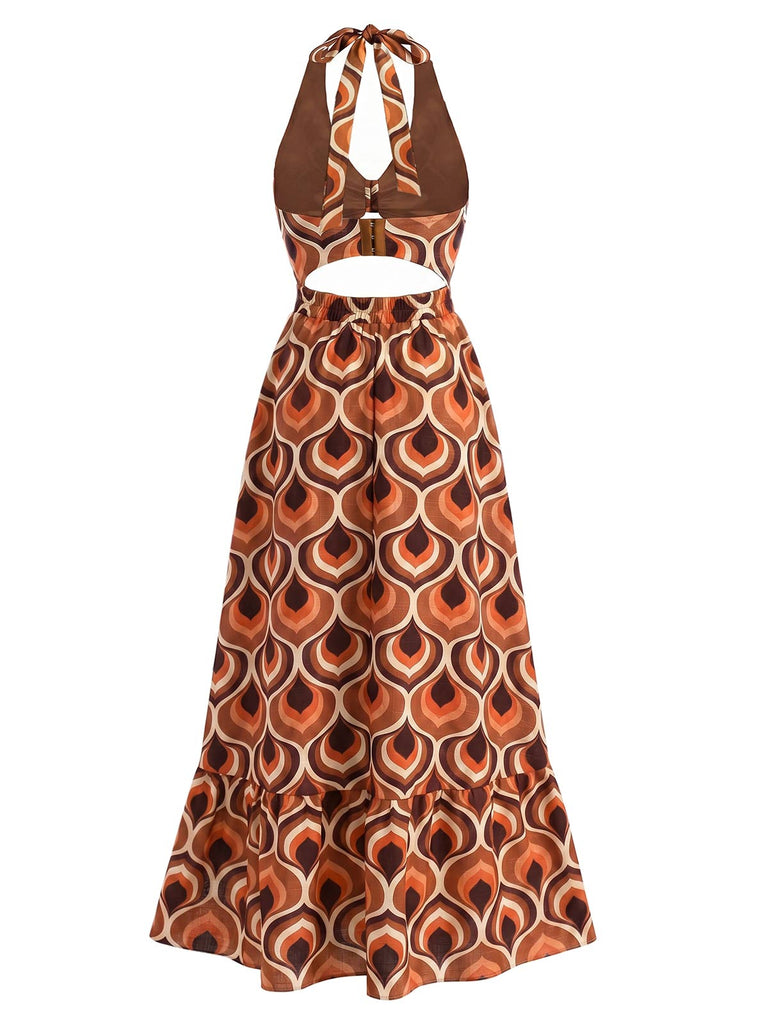 [Prevendita] Abito Maxi Halter Scollo a V Profondo Ritagliato Stampa Astratta Anni '70