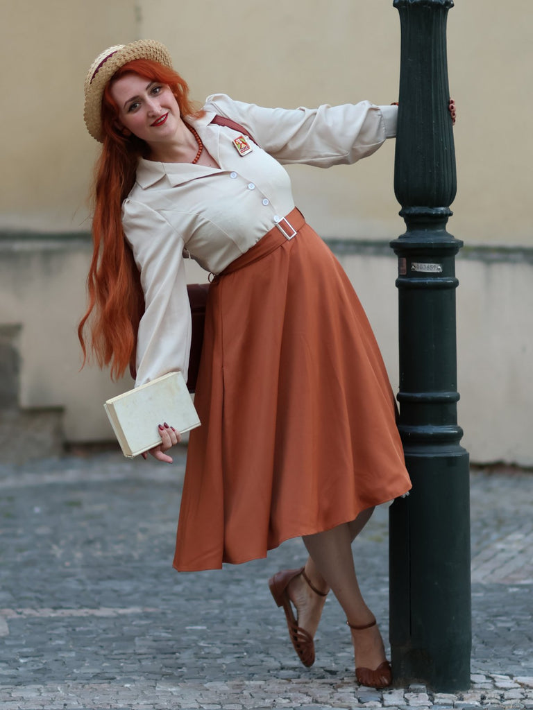 Abito color block con maniche lunghe cachi anni '50