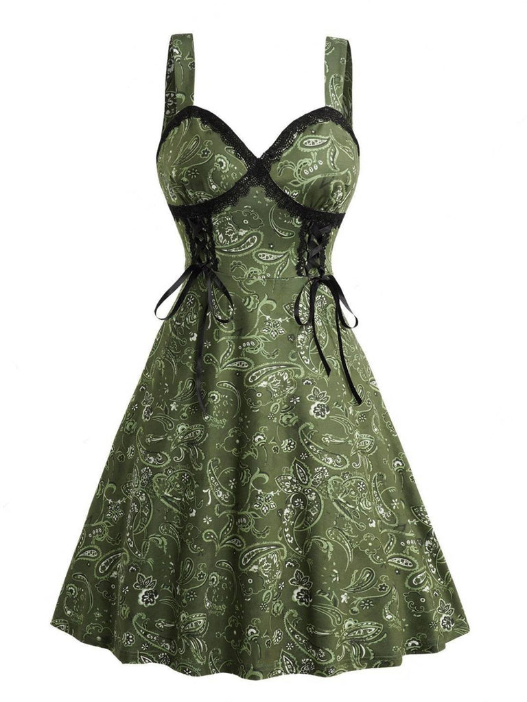 Abito a ruota in pizzo paisley patchwork verde anni '50