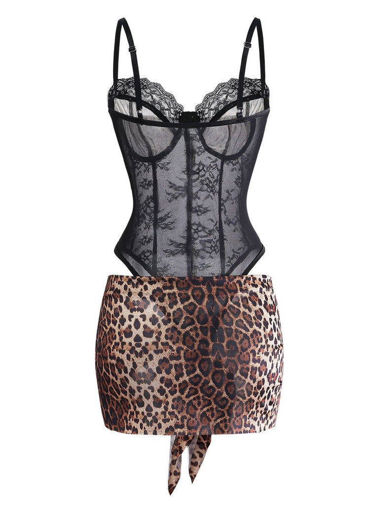 Front: 1980s Leopard Lace Bodysuit with Apron Lingerie Set, elegant vintage style, perfect for vintage fashion lovers