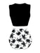 Black sleeveless top and white shorts with black palm tree pattern on a white background