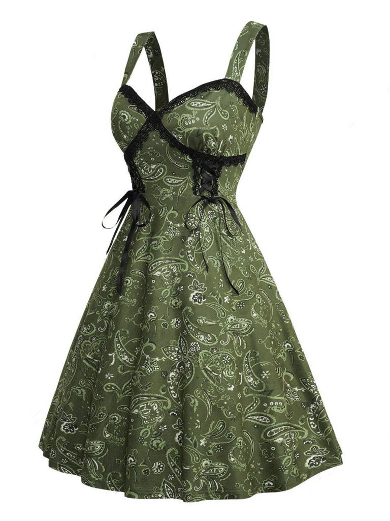 Abito a ruota in pizzo paisley patchwork verde anni '50