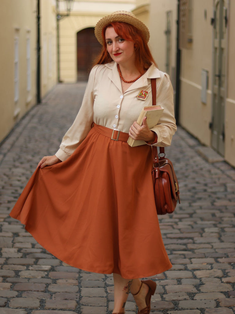 Abito color block con maniche lunghe cachi anni '50
