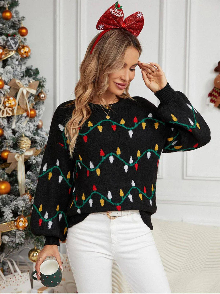 Maglione lavorato a maglia con luci di Natale nero anni '60