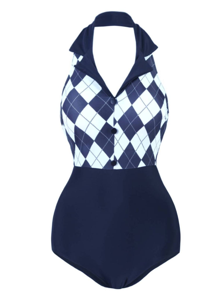Costumi intero motivo a quadri a rombi blu navy anni '30