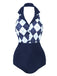 Costumi intero motivo a quadri a rombi blu navy anni '30