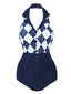 Costumi intero motivo a quadri a rombi blu navy anni '30