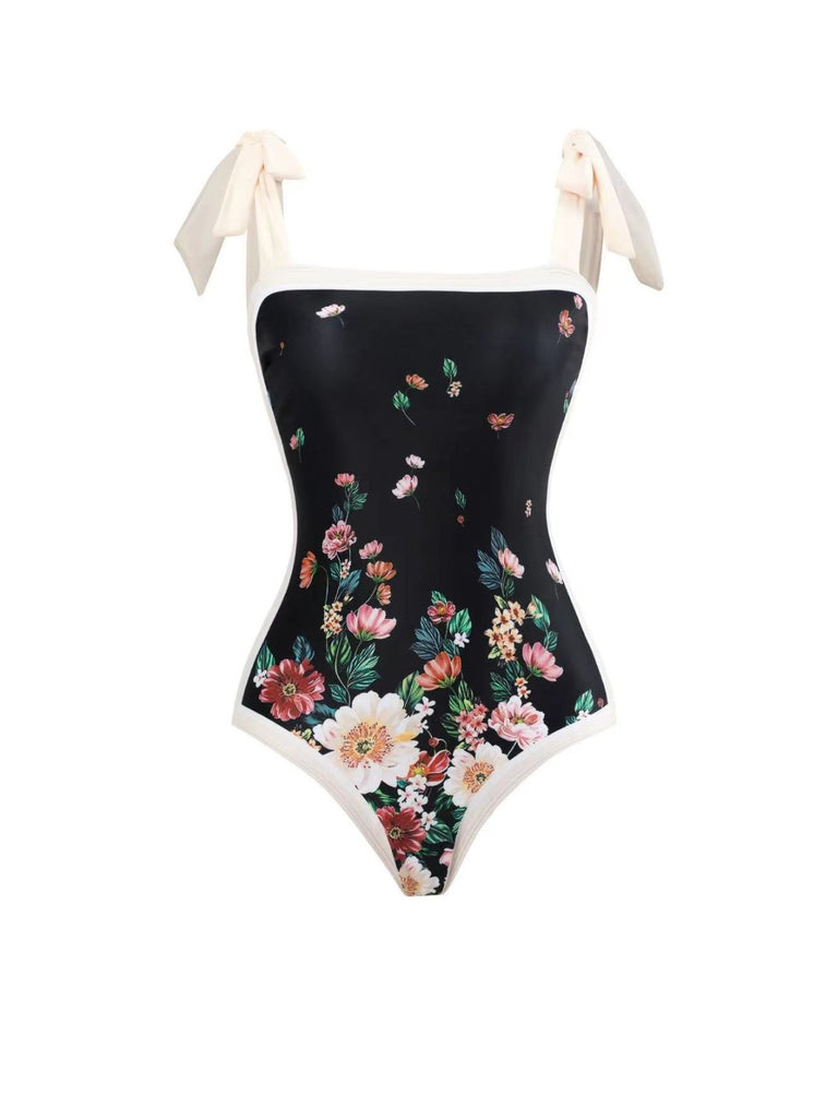 Costumi intero e copricostume floreale con fiocco nero anni '40