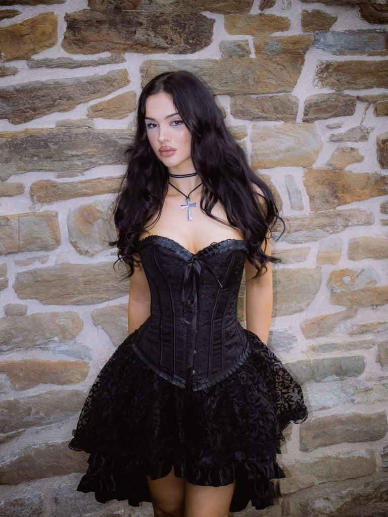 2PCS Corsetto in pizzo steampunk e gonna alta e bassa nero anni '70