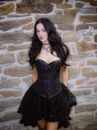 [Prevendita] 2PCS Corsetto in pizzo steampunk e gonna alta e bassa nero anni '70