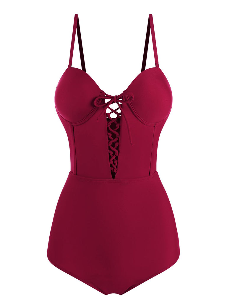 Costumi intero con lacci spalline sottili bordeaux anni '60