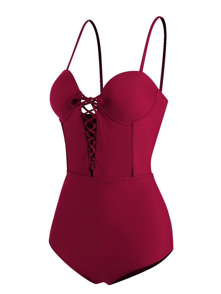 Costumi intero con lacci spalline sottili bordeaux anni '60