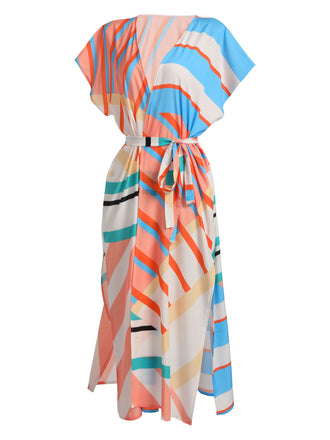 Copricostume stile kimono bohémien con lacci a righe anni '60