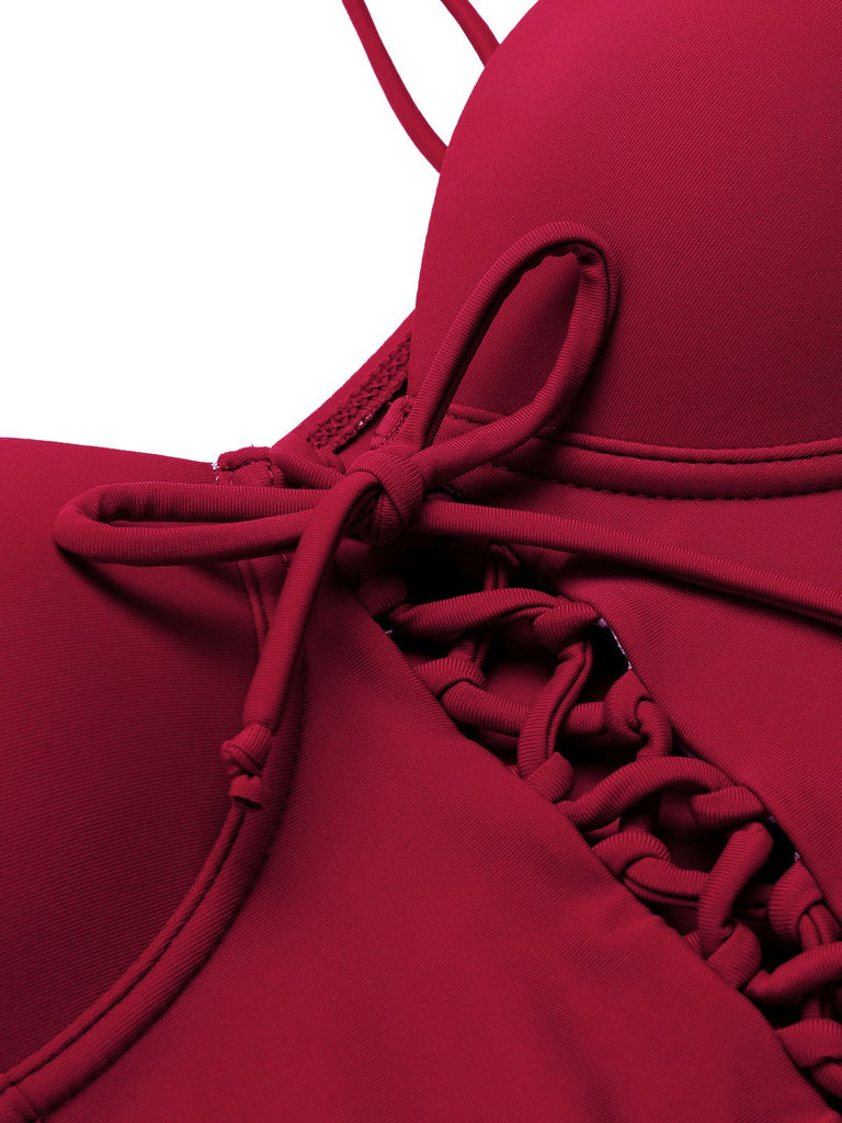 Costumi intero con lacci spalline sottili bordeaux anni '60