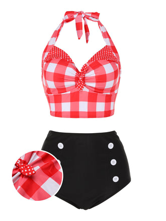 Set Bikini plaid scollo all'americana rosso anni '50