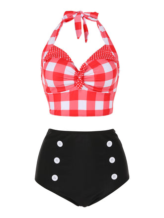Set Bikini plaid scollo all'americana rosso anni '50