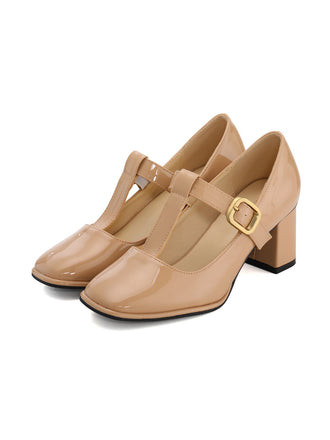 Scarpe Mary Jane in vernice beige con tacco a blocco