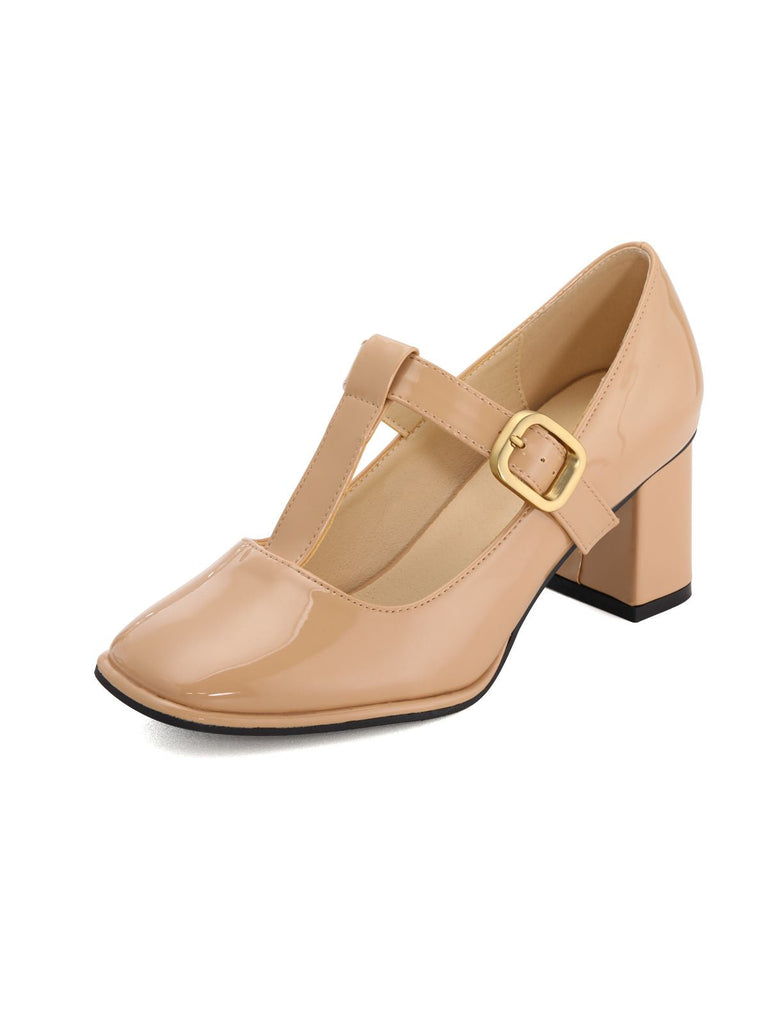 Scarpe Mary Jane in vernice beige con tacco a blocco