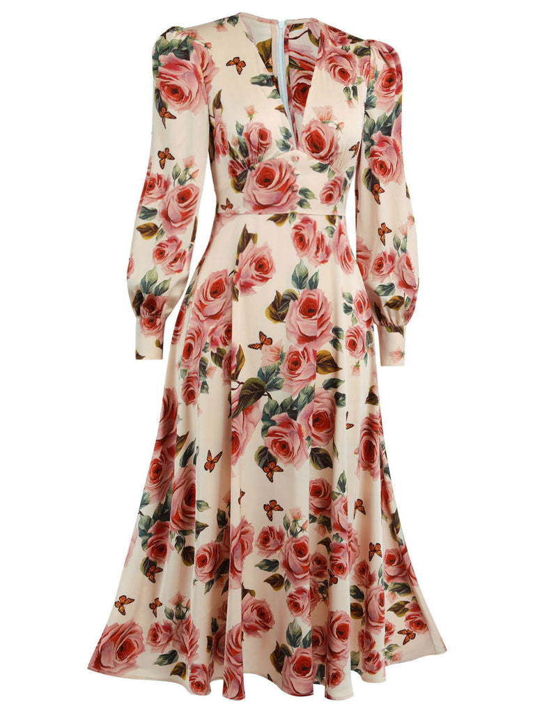 Abito a rose con maniche lunghe scollo a V anni '40