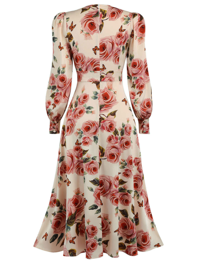 Abito a rose con maniche lunghe scollo a V anni '40