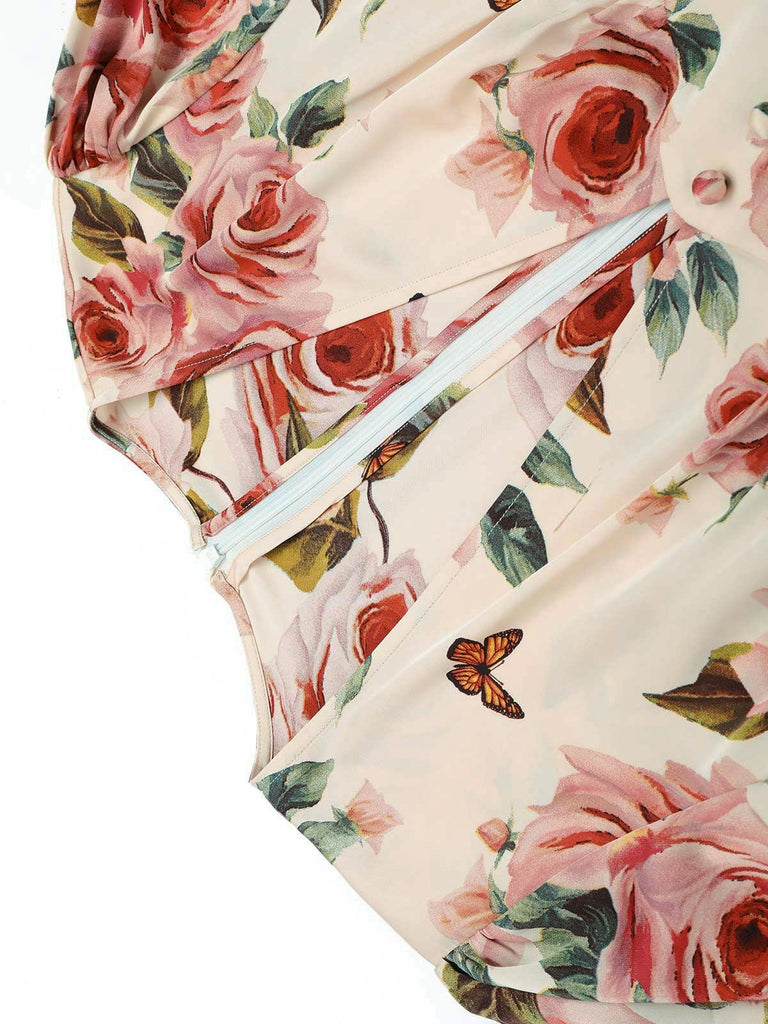 Abito a rose con maniche lunghe scollo a V anni '40