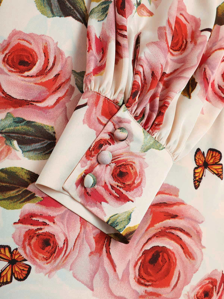 Abito a rose con maniche lunghe scollo a V anni '40