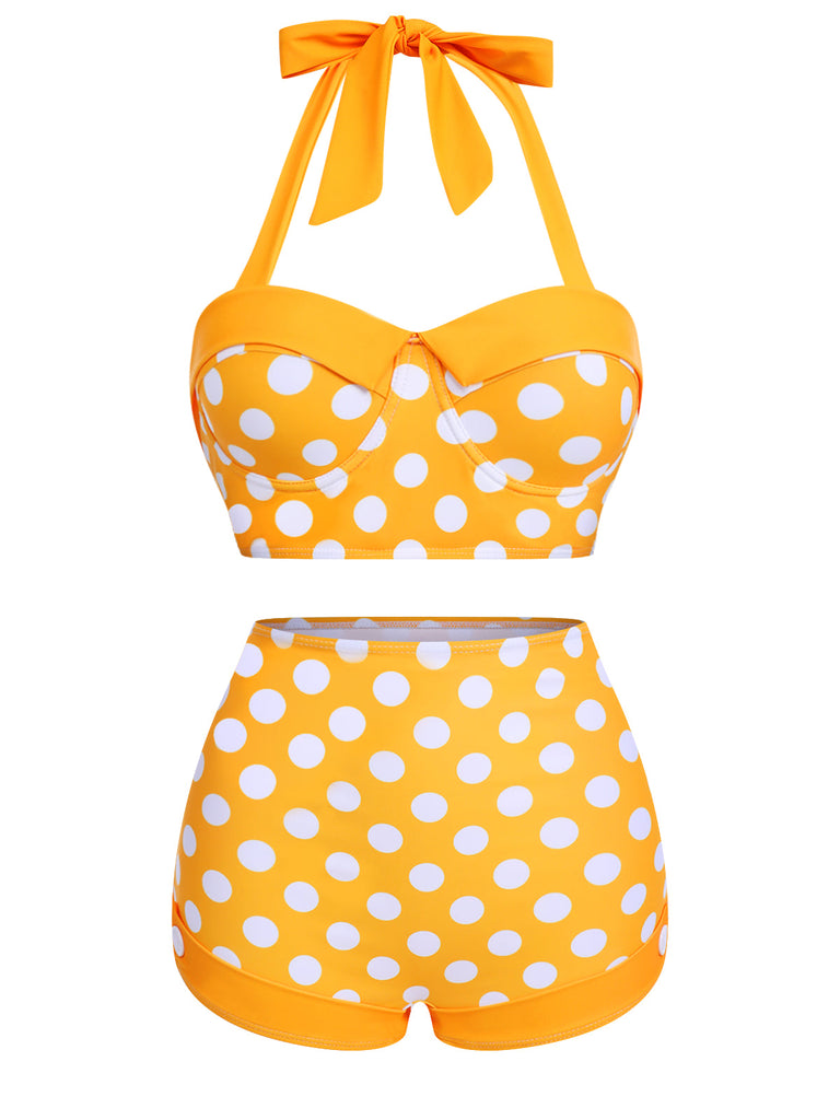 Set Bikini a pois scollo all'americana giallo anni '50