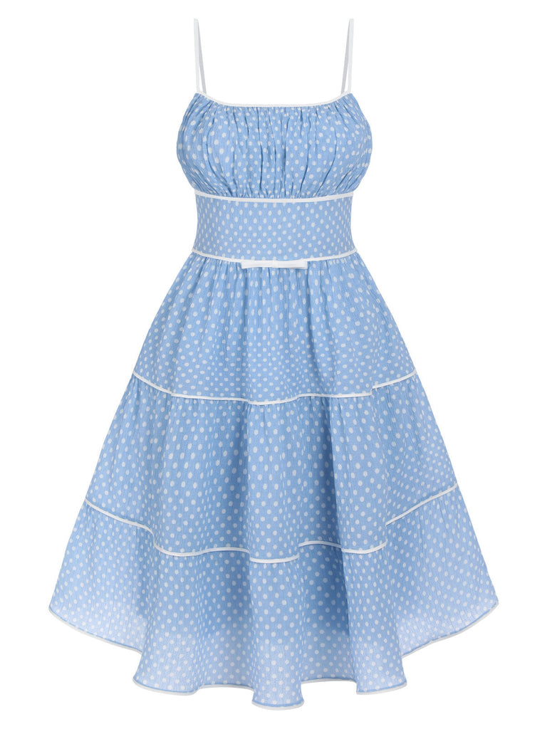 Abito azzurro a pois con cinturini anni '50