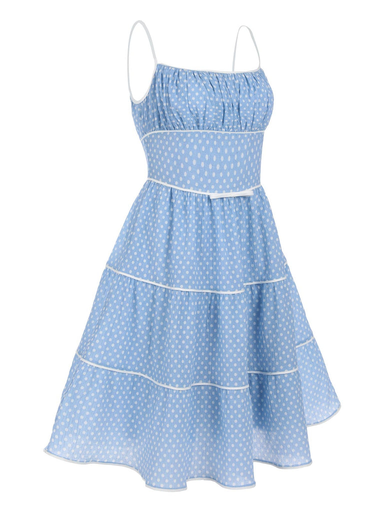 Abito azzurro a pois con cinturini anni '50