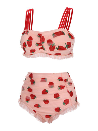 [Taglia Forti] Set Bikini e fragole in pizzo con canotta anni '50