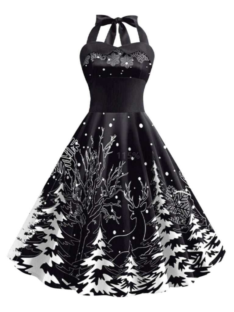 Abito albero di Natale con scollo all'americana nero anni '50
