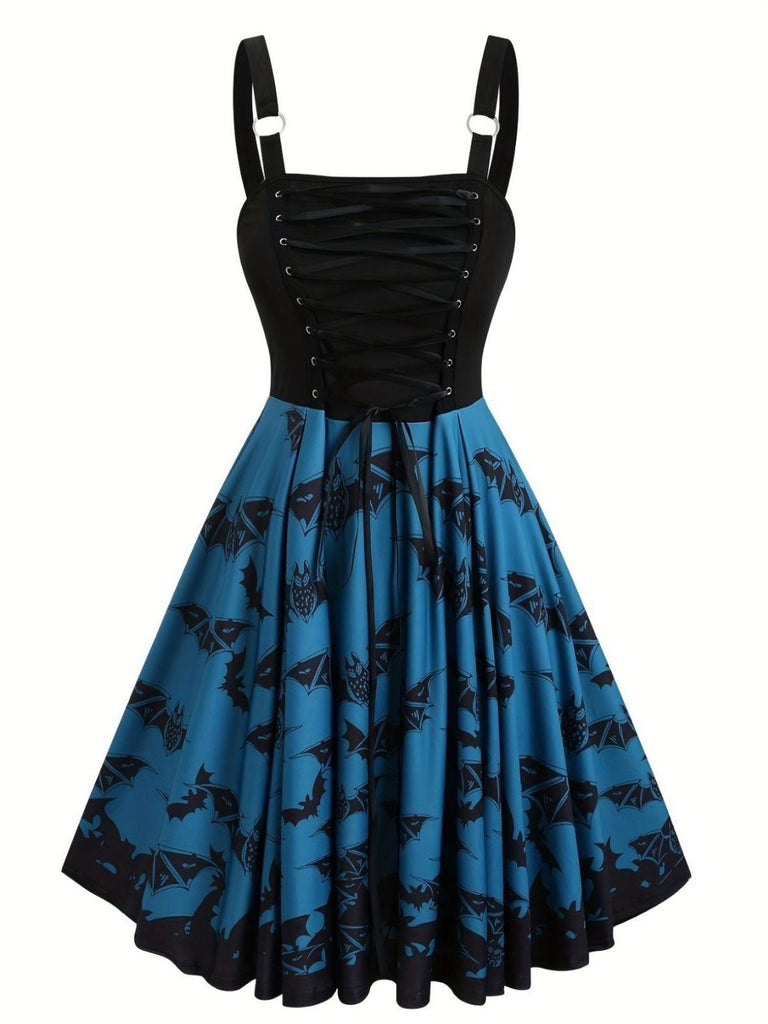 [Taglia forti] Abito con lacci a pipistrello Halloween blu scuro anni '50
