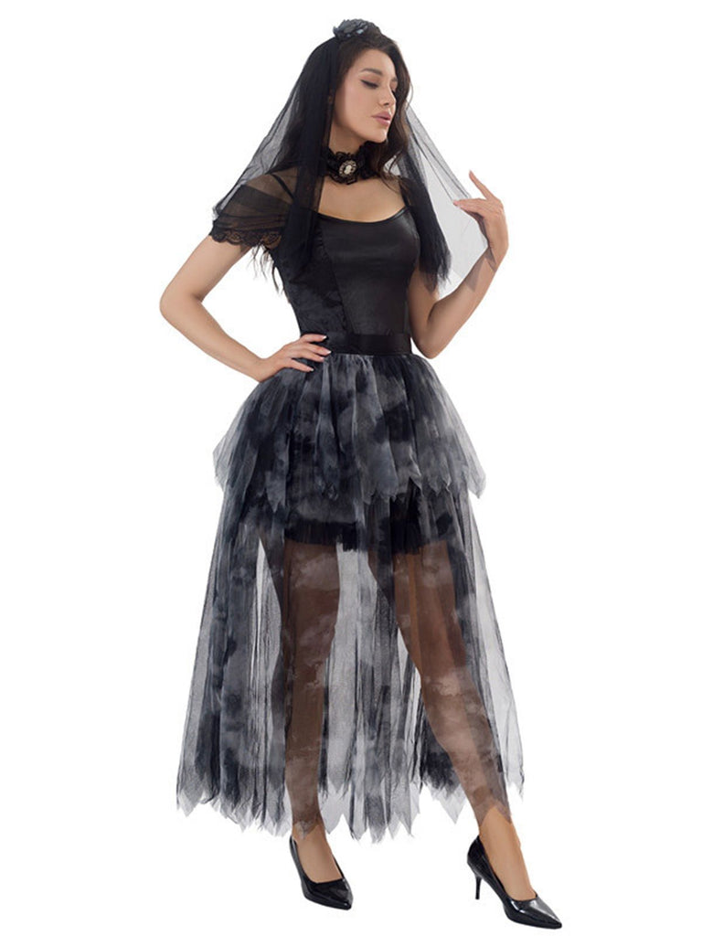 Completo abito in tulle da sposa fantasma Halloween nero anni '70