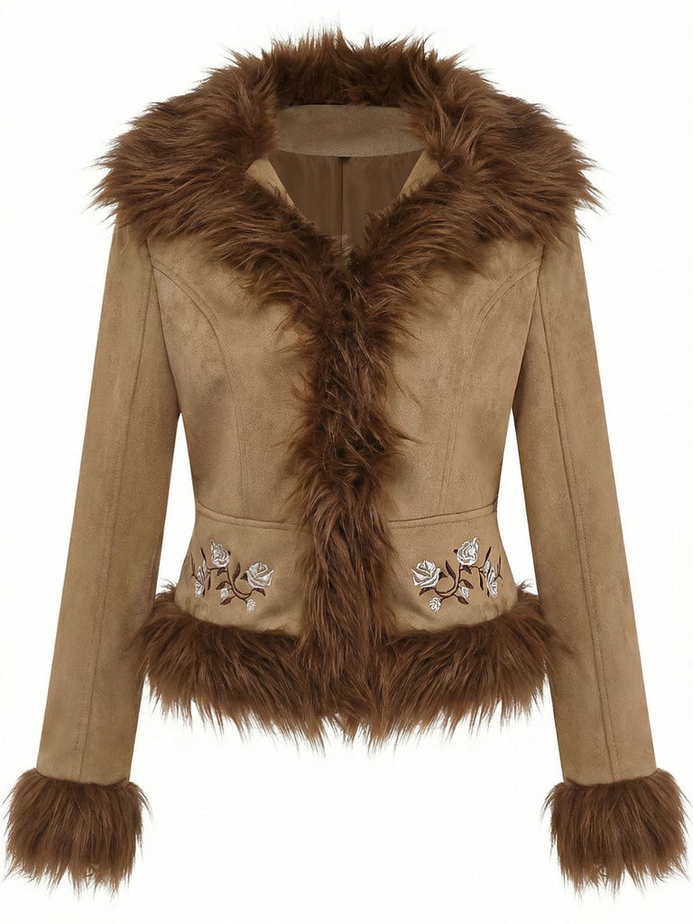 Giacca con rose ricamate in pelliccia sintetica scamosciata anni '70