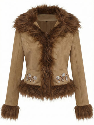 Giacca con rose ricamate in pelliccia sintetica scamosciata anni '70