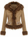 Giacca con rose ricamate in pelliccia sintetica scamosciata anni '70