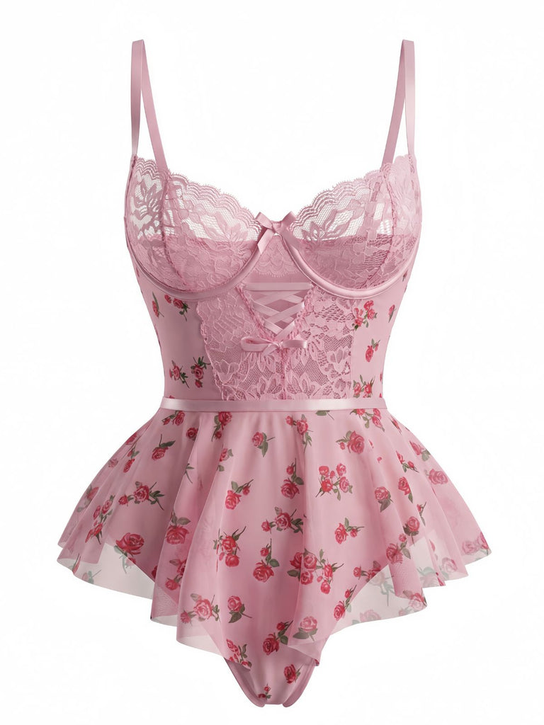 Pigiama rose con fiocco in pizzo rosa anni '30