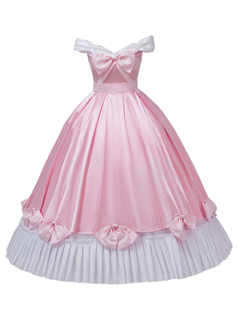 Abito da principessa con fiocco in raso spalle scoperte rosa anni '50