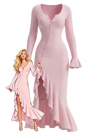 Abito midi volant con spacchi laterali e bottoni arricciati anni '30