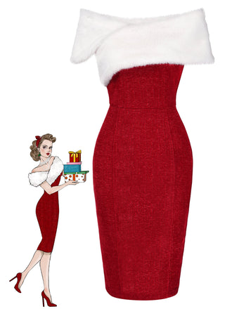 Abito in pelliccia sintetica con spalle scoperte rosso anni '60