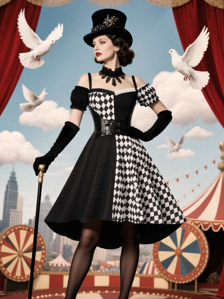 [Prevendita] Abito con motivo arlecchino Halloween e corsetto nero anni '50